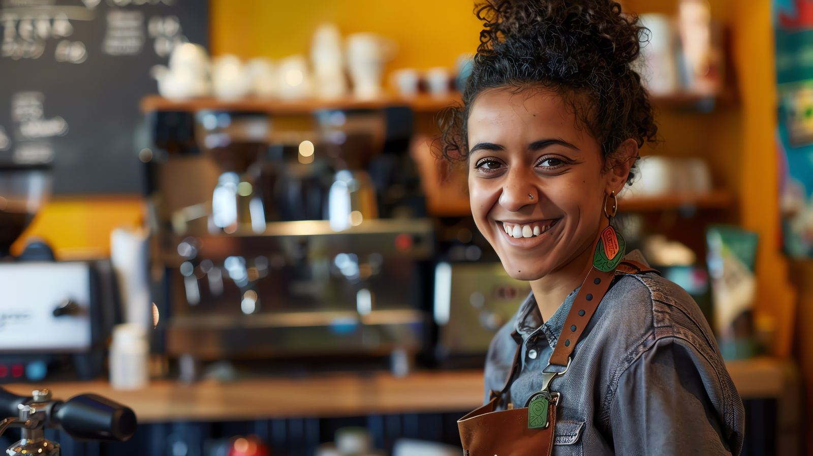 Barista de avental sorri no balcão de uma cafeteria.