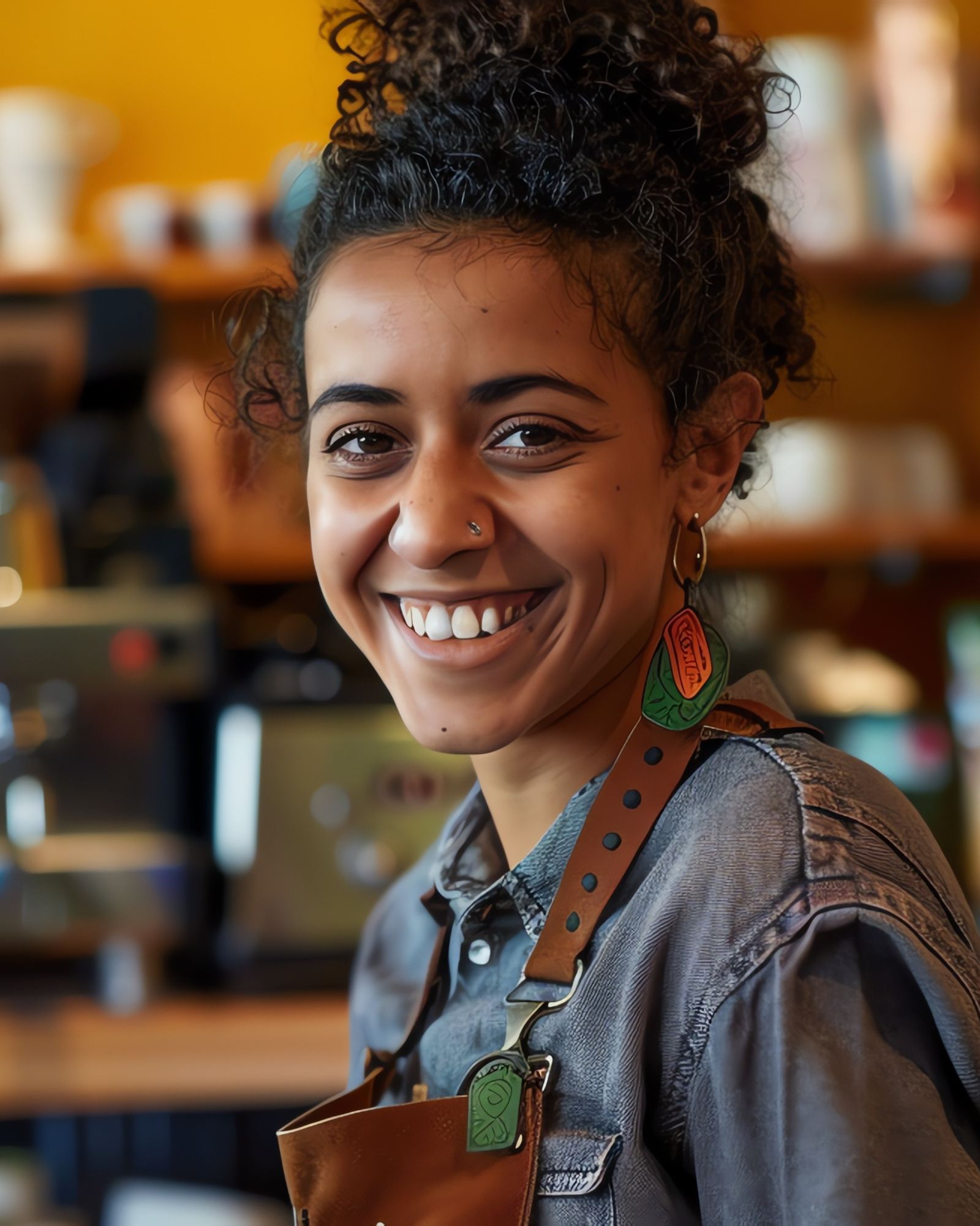 Barista de avental sorri no balcão de uma cafeteria.